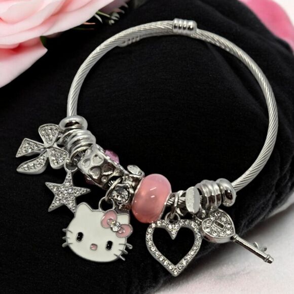 Hello Kitty Beaded Charm Bracelet Rhinestone Silver Heart Bow Cat Star Jewelry - Picture 11 of 12